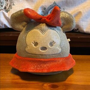 Disney Silver Minnie Plush Hat with Red Bow and Trim